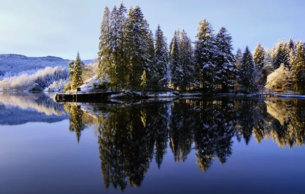 Winter, forest, the sky, nature, lake, reflection