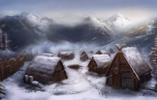 Snow, home, village, art, settlement, the Vikings, Michael Davini