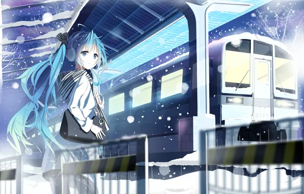 Picture winter, girl, snow, train, station, art, bag, vocaloid
