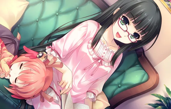 Picture look, girl, smile, sleep, chair, glasses, book, Chibi