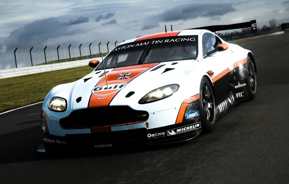 Picture the sky, Aston Martin, supercar, track, aston martin, vantage, the front, racing car