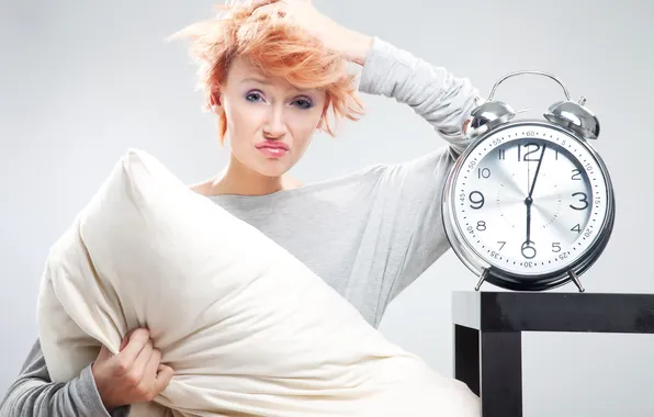 Picture girl, alarm clock, pillow, red, pajamas, dissatisfaction, six in the morning, sleepy