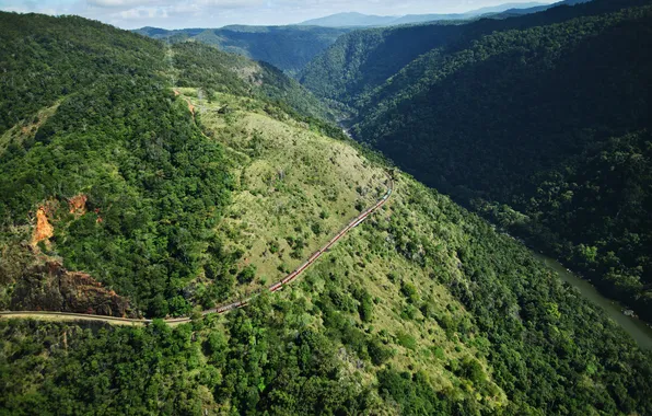 Road, forest, nature, hills, landscapes, train, landscape