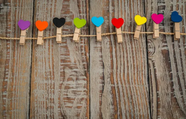 Board, hearts, colorful, Valentine's day, rope, clothespins