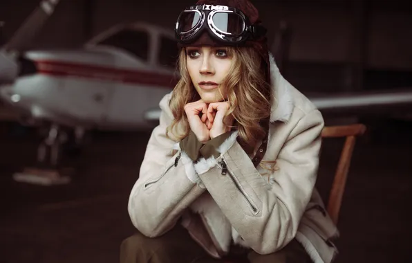 Picture girl, glasses, jacket, helmet, Aviator