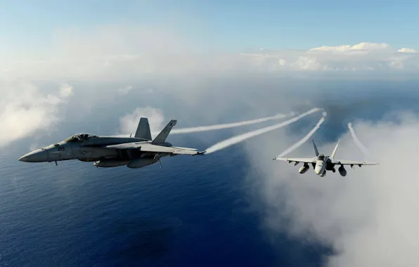 Picture sky, aircraft, sea, weapon, wings, clouds, fly, couple