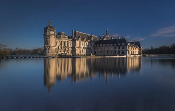 Lake, reflection, castle, France, Chateau de Chantilly