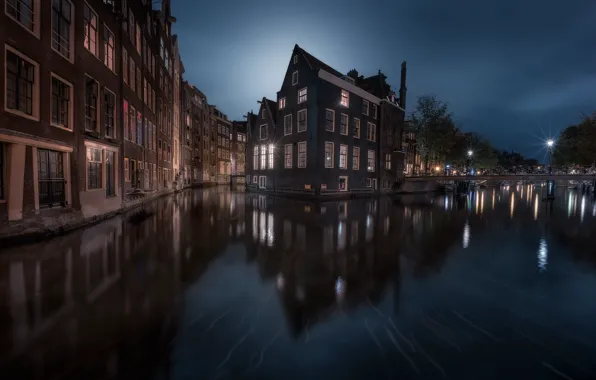 Water, night, the city, lights, home, Amsterdam, Netherlands, channels