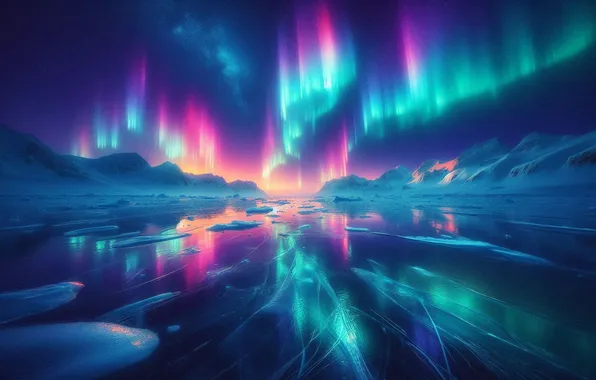 Winter, the sky, night, lights, reflection, shore, ice, Northern lights