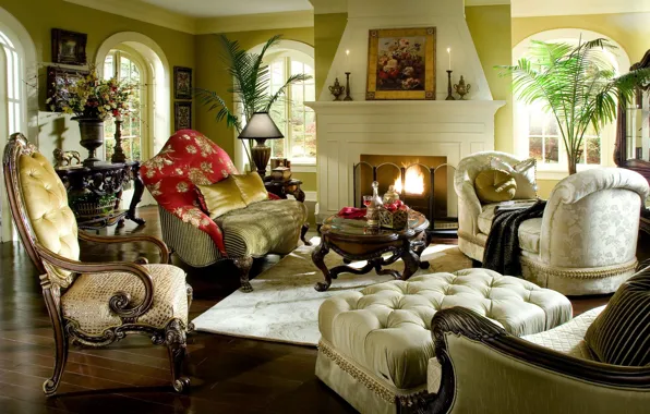 Flowers, design, style, table, room, sofa, fire, interior