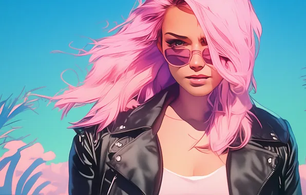 Miami, pink hair, women, sunglasses, Vice City, leather jacket, looking at viewer, white tank top