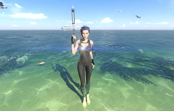 Picture sea, girl, shore, costume, lara croft, tomb raider, harpoon