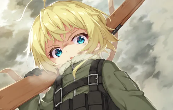 Girl, gun, soldier, sky, military, weapon, war, anime