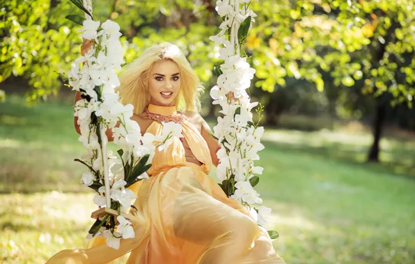 Picture the sun, trees, flowers, pose, Park, swing, makeup, dress