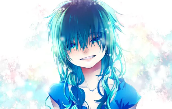 Picture smile, tears, girl, blue hair, bangs