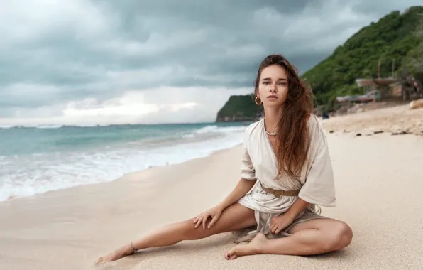 Sand, beach, look, girl, pose, the ocean, feet, hair