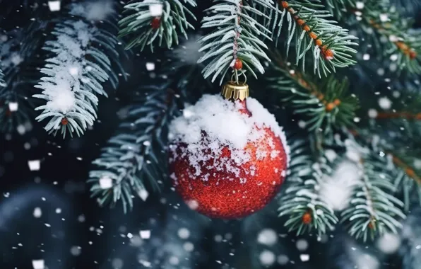 Picture winter, snow, background, tree, ball, New Year, Christmas, new year
