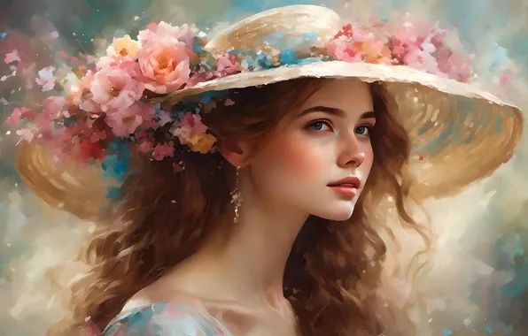 Look, girl, flowers, figure, portrait, roses, picture, hat