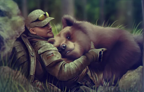 Picture forest, people, bear, art, glasses, male, cap, beast