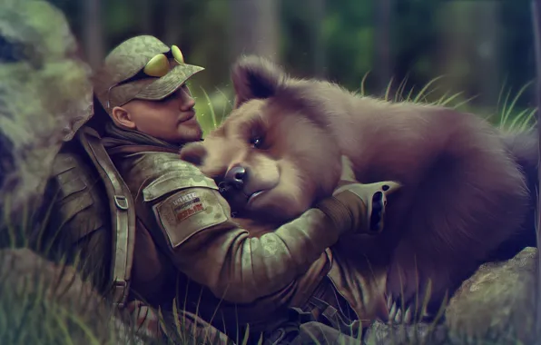 Forest, people, bear, art, glasses, male, cap, beast