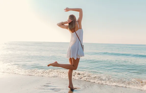 Picture sea, girl, the sun, back, dress, legs