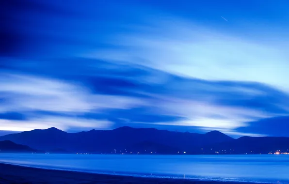 The sky, Water, The ocean, Mountains, Lights, Shore