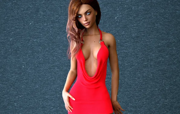 Pose, neckline, red hair, blue eyes, red dress, cleavage, red hair, pose