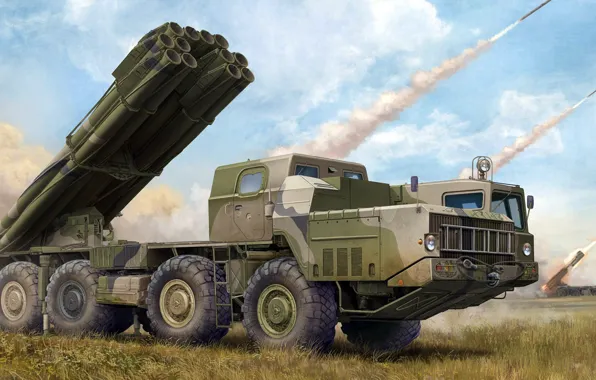 Picture tornado, MLRS, Soviet and Russian, 9K58, caliber 300 mm, The jet system of volley fire