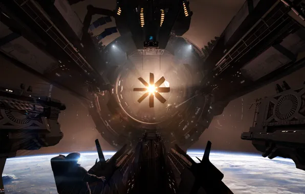 Picture space, planet, Space station 21, take of fly