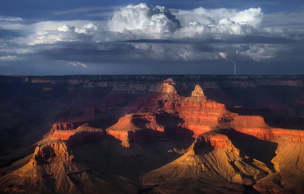 The sky, clouds, mountains, rocks, lightning, desert, USA, Grand Canyon
