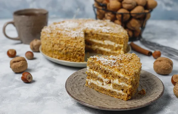 Picture cake, nuts, cream, cakes, piece, carrot cake