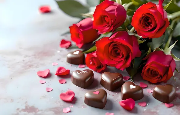 Love, flowers, roses, bouquet, candy, hearts, red, Valentine's Day