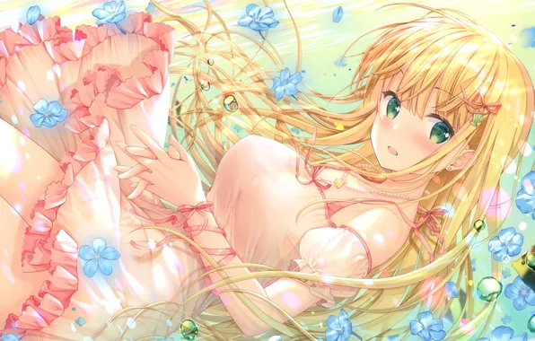Look, flowers, pose, surprise, anime, girl, girl, green eyes