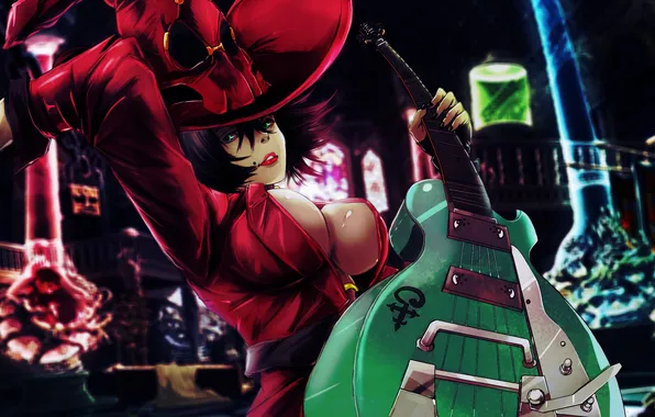 Girl, the city, guitar, hat, art, guilty gear, i-no