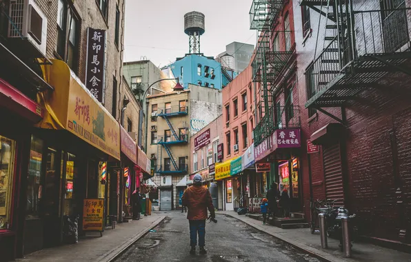 New York, boots, camera, hood, restaurant, men, stores, Chinatown