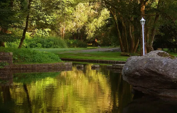 Picture grass, water, trees, Park, river, stones, lantern, the bushes