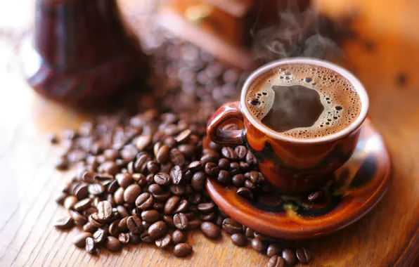 Coffee, mug, drink, coffee beans, saucer, foam, smoke