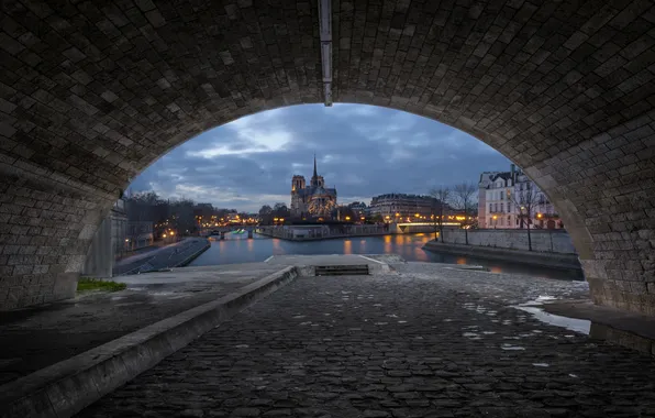 Bridge, the city, lights, France, Paris, view, the evening, arch