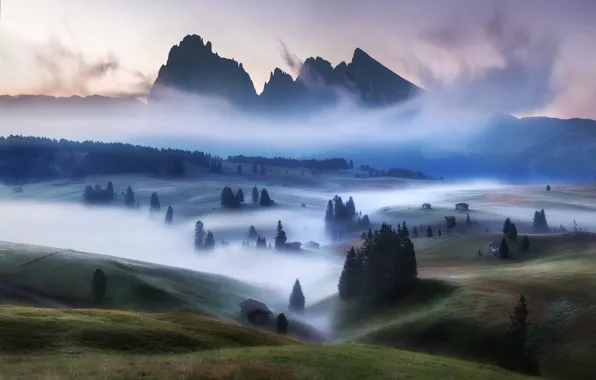 Mountains, fog, morning, Alps, haze, houses, twilight