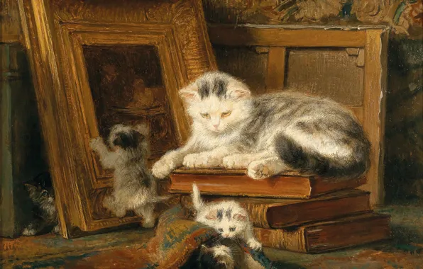 Cat, oil, kittens, Henriëtte Ronner-Knip, «Hide and seek»