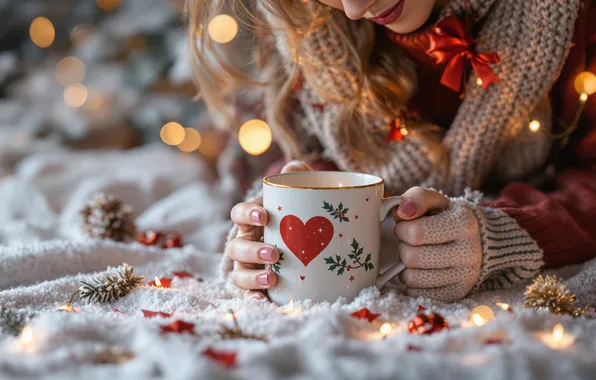 Girl, tea, hands, Christmas, mug, New year, heart, AI art