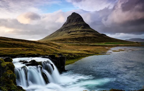 Picture mountain, waterfall, stream, Iceland, Kirkjufell