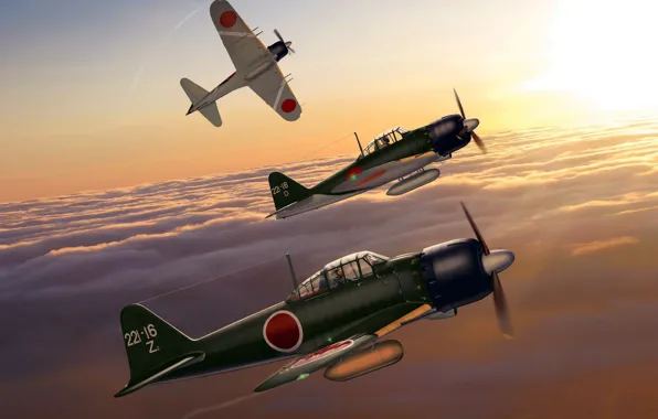 Picture Japan, art, Mitsubishi, fighter-interceptor, WW2, A6M5 Zero, The Navy of Imperial Japan