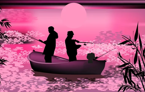 Landscape, sunset, boat, vector, fisherman, silhouette, rod