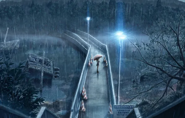 Girl, bridge, umbrella, rain, lights, waiting, Rainy day, pouring