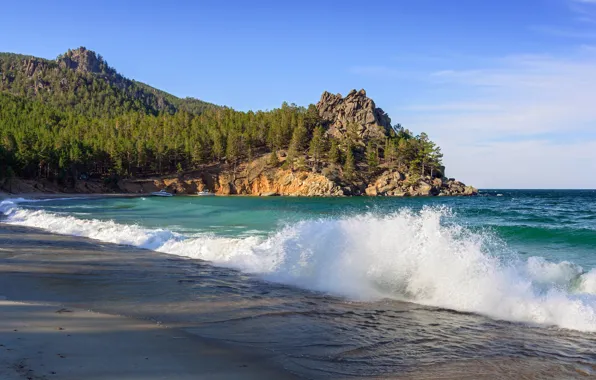 Sand, wave, forest, trees, lake, stones, shore, Baikal