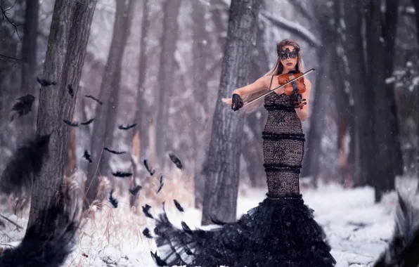 Picture forest, girl, snow, bird, violin, feathers, Symphony of the raven