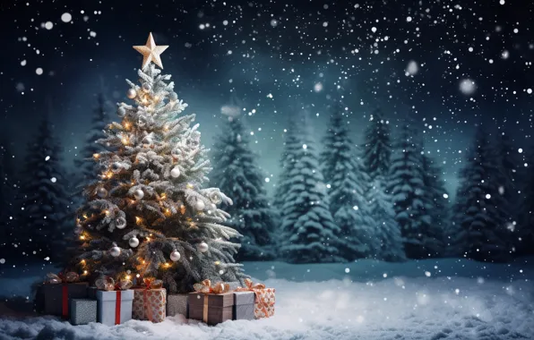 Winter, snow, decoration, night, tree, New Year, Christmas, lantern
