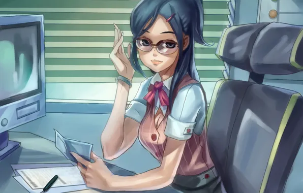 Picture computer, girl, chair, art, glasses, lascalis