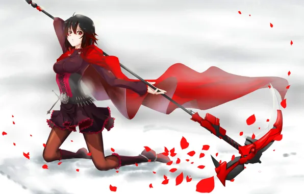 Picture girl, weapons, anime, petals, art, braid, cloak, rwby